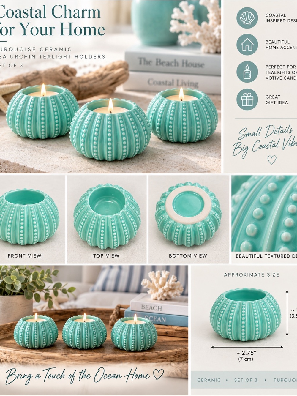 Turquoise Ceramic Sea Urchin Tealight Holders – Set of 3 Coastal Decor